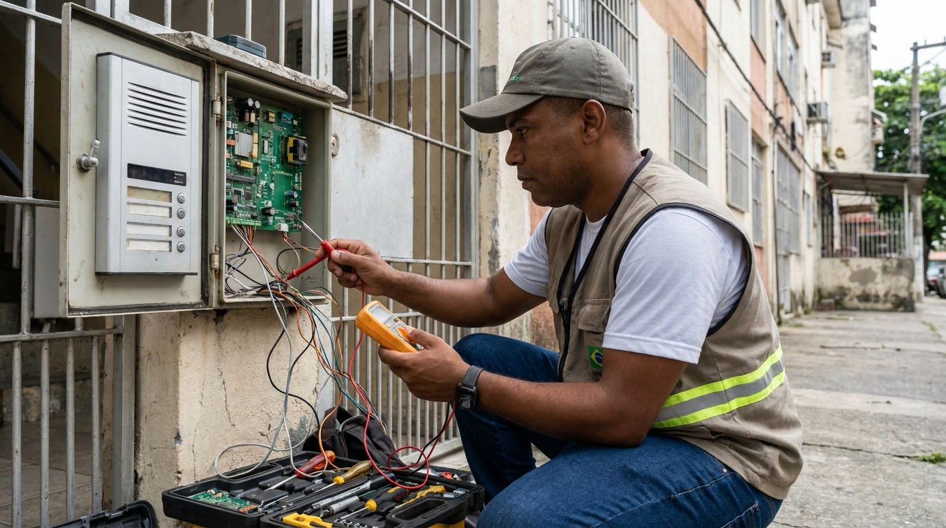 Eletricista consertando interfone em Brasília‑DF