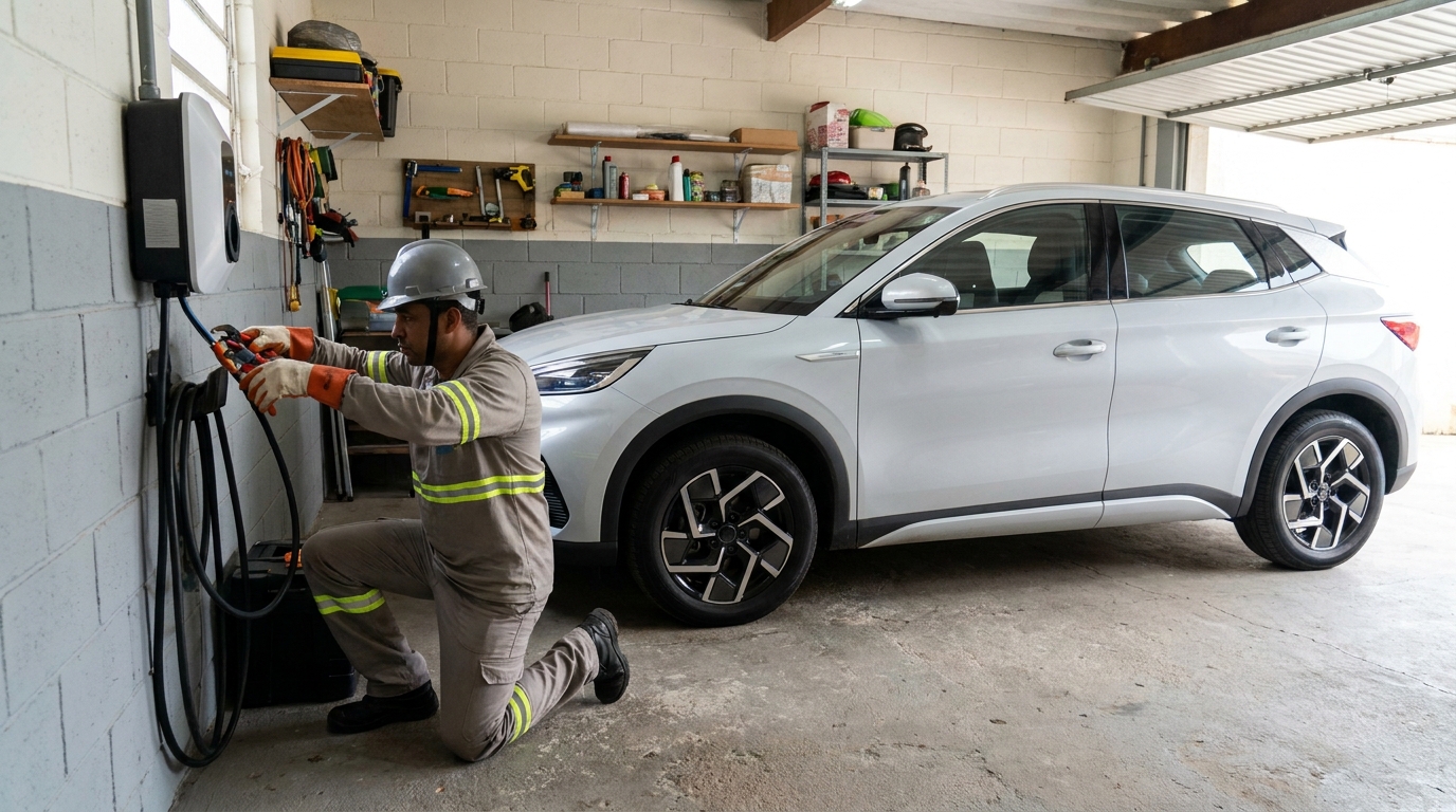 Eletricista instalando carregador de carro eletrico em Brasília‑DF