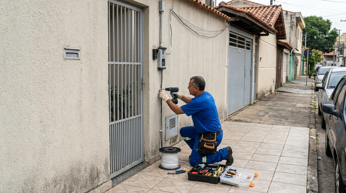 Eletricista instalando interfone em Brasília‑DF